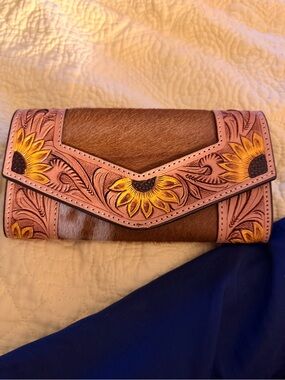 Sunflower Tooled Leather & Haircalf Clutch Wallet - Brown